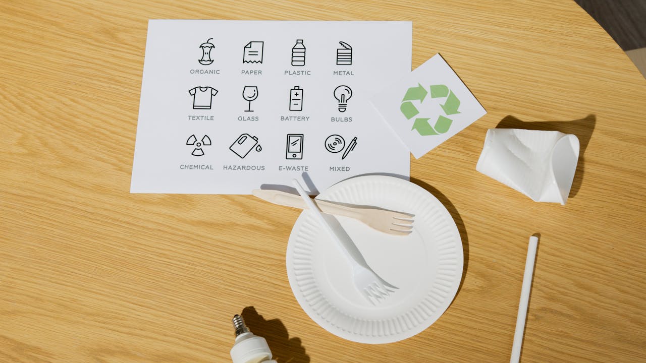 A flat lay of eco-friendly tableware and recycling icons promoting sustainability.